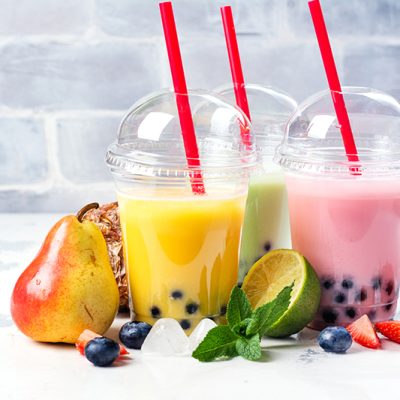 Refreshing homemade iced milky bubble tea with tapioca pearls