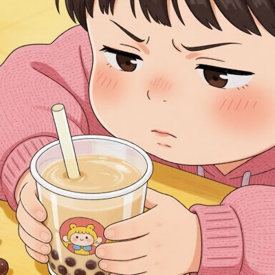 一位小朋友喝住一杯難喝的珍珠奶茶